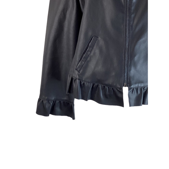 Ann Taylor Womens Faux Leather Jacket Solid Black Full Zip Mock Neck Ruffled 4 - Picture 5 of 12
